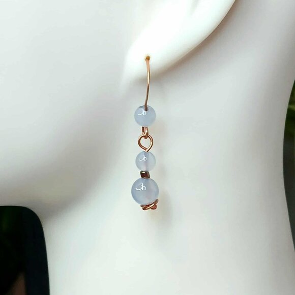 BOGO EARRINGS Blue Lace Agate Crystal Beaded Dangle Earrings, Hammered Copper 2" - Picture 1 of 5